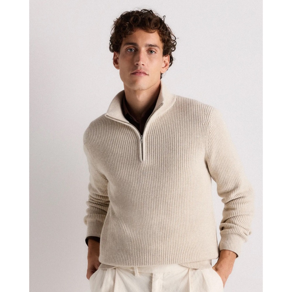 Quince Mens Organic Cotton Fisherman Quarter-Zip Sweater Oatmeal Beige New